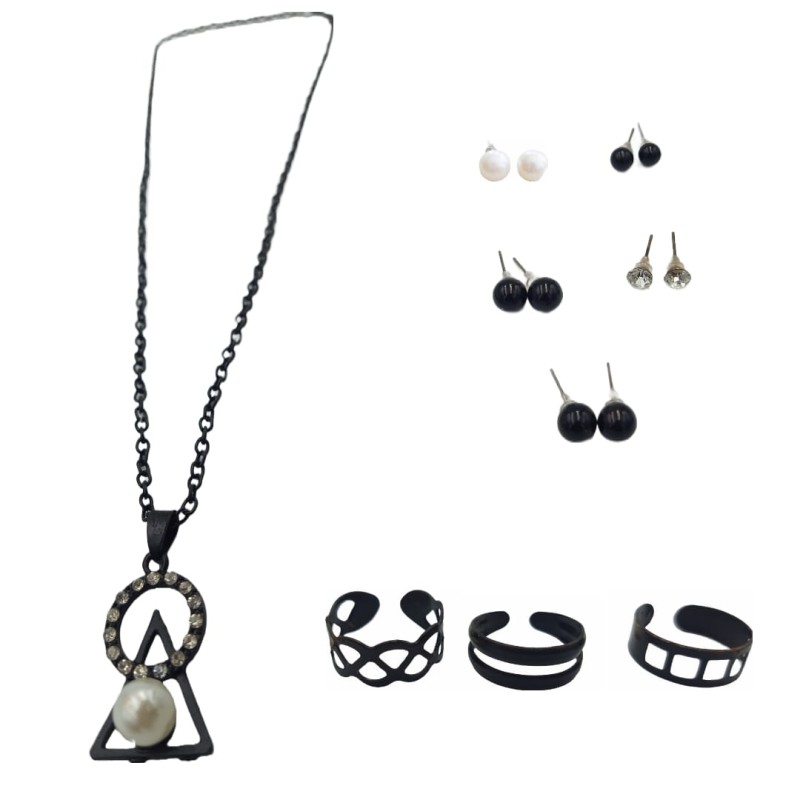 Earrings, Rings and Necklace Jewellery Set - Black