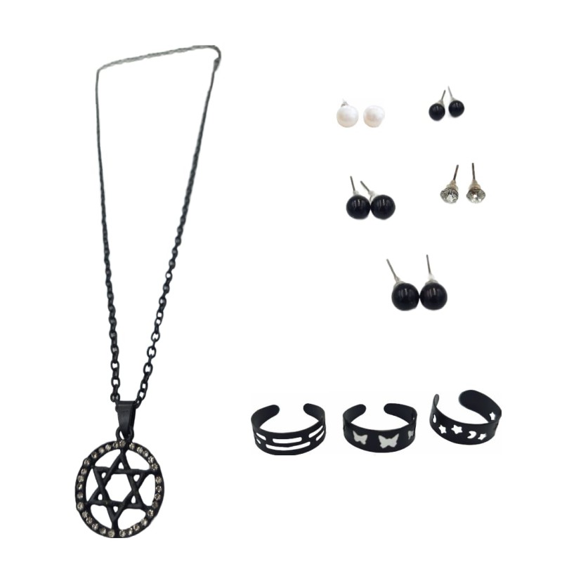 Earrings, Rings and Necklace Jewellery Set - Black