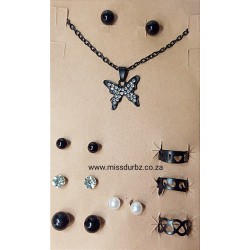 Earrings, Rings and Necklace Jewellery Set - Black