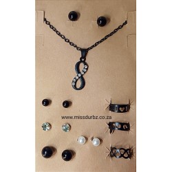 Earrings, Rings and Necklace Jewellery Set - Black